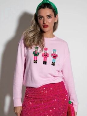 NEW Shiraleah Pink Nutcracker Christmas Holiday Sweatshirt Embroidered Small